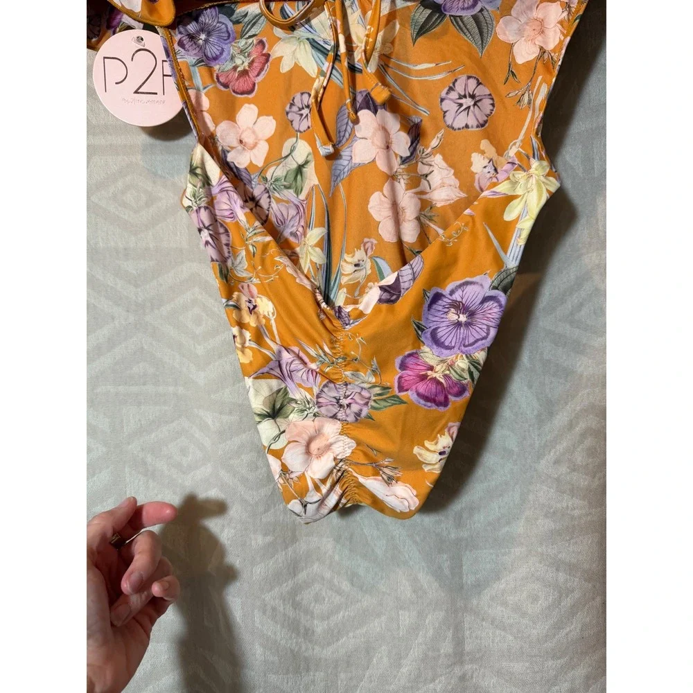 P2F Movement Power to‎ the Flower Floral Ruffle One Piece Swimsuit Mustard Small